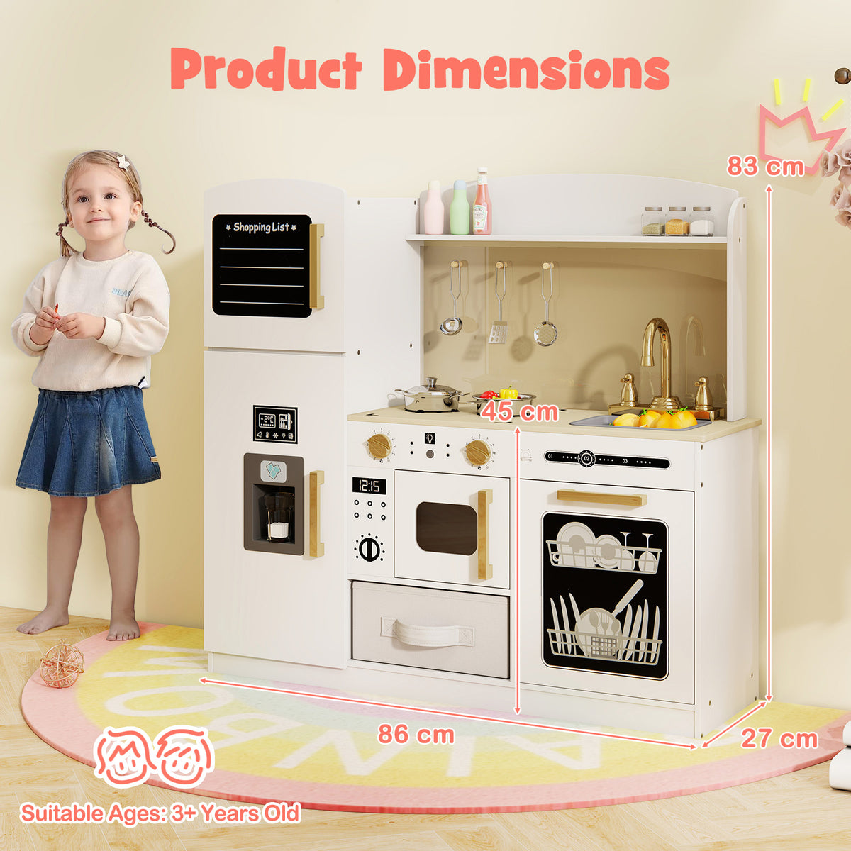 Dimensions of the white wooden kitchen playset shown with a child standing beside it