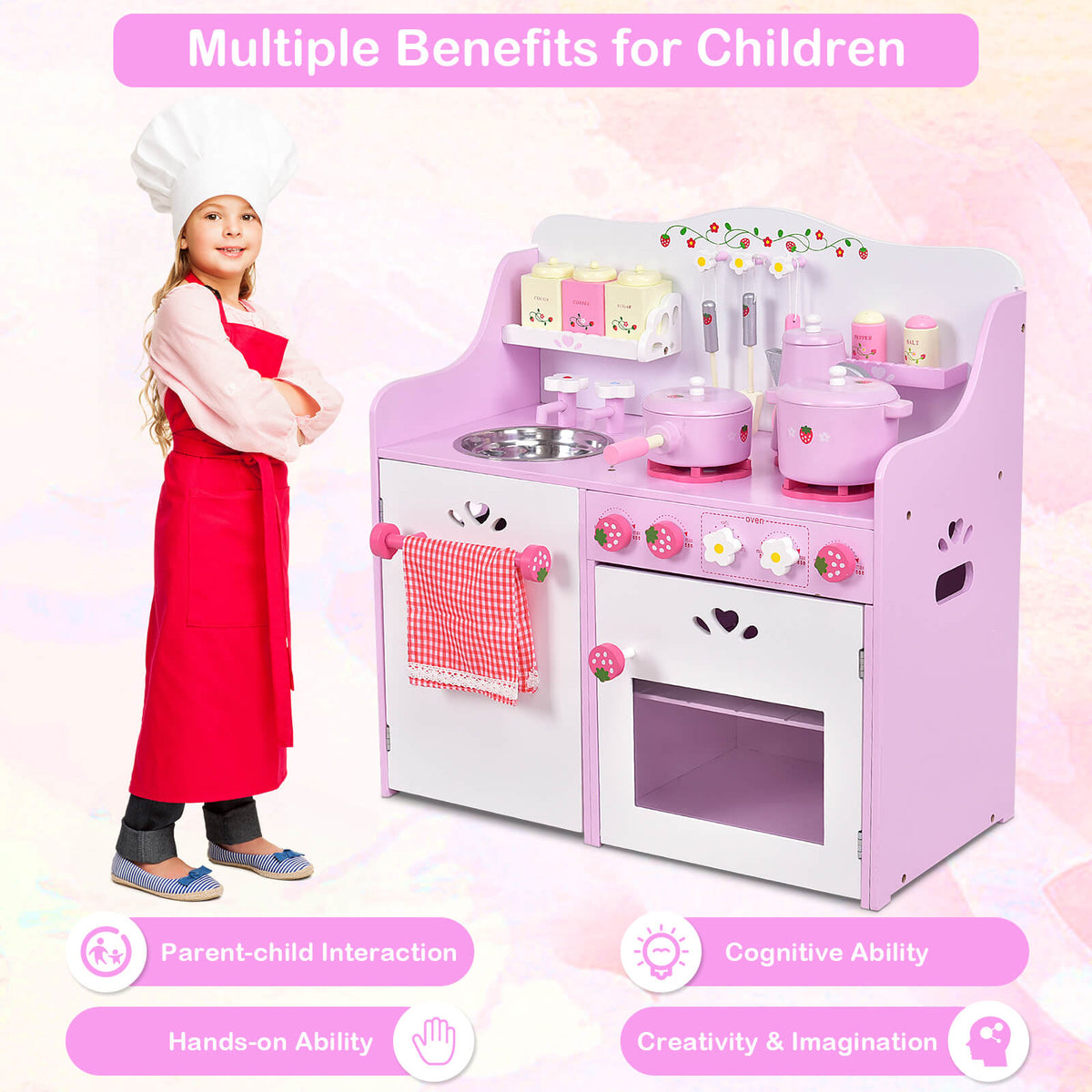 The play kitchen set shown next to a young girl in a chef hat with educational benefit text