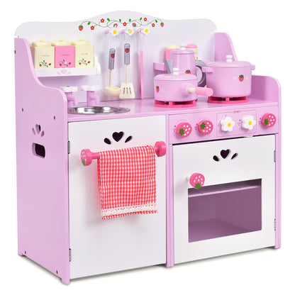Kids Wooden Kitchen Playset with Oven and 13-Pieces Cookware in pink and white with strawberry motifs