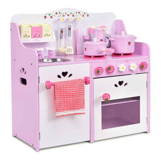 Kids Wooden Kitchen Playset with Oven and 13-Pieces Cookware in pink and white with strawberry motifs