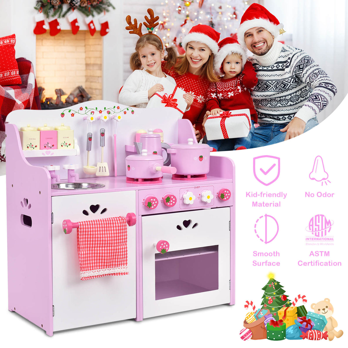 The play kitchen set displayed in a festive living room with a family celebrating Christmas