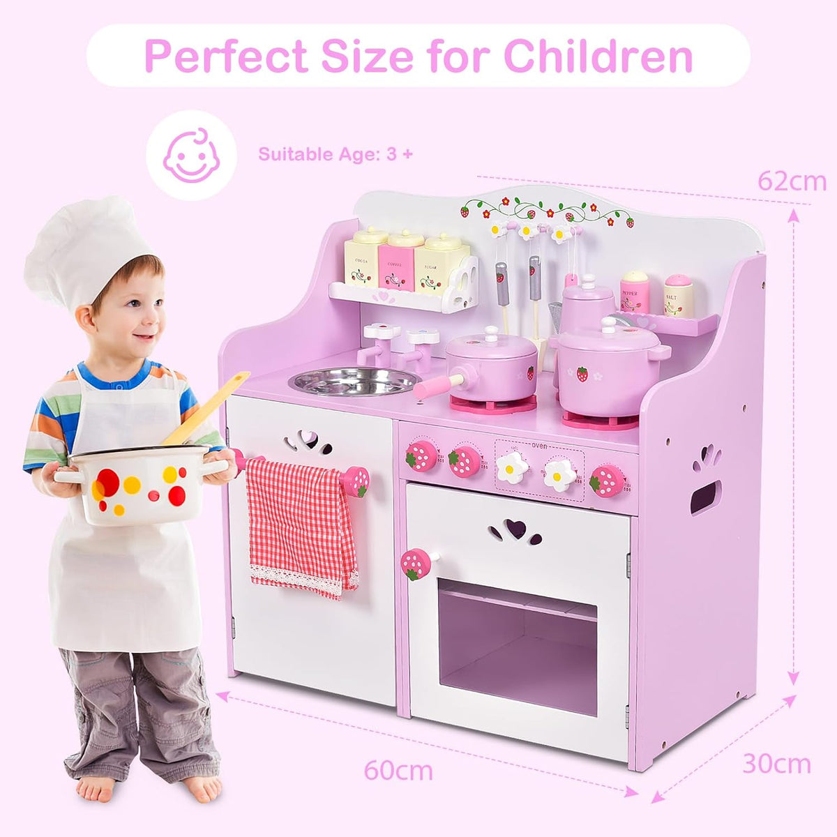 The play kitchen set with arrows indicating its height, width and depth for size reference