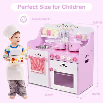 The play kitchen set with arrows indicating its height, width and depth for size reference