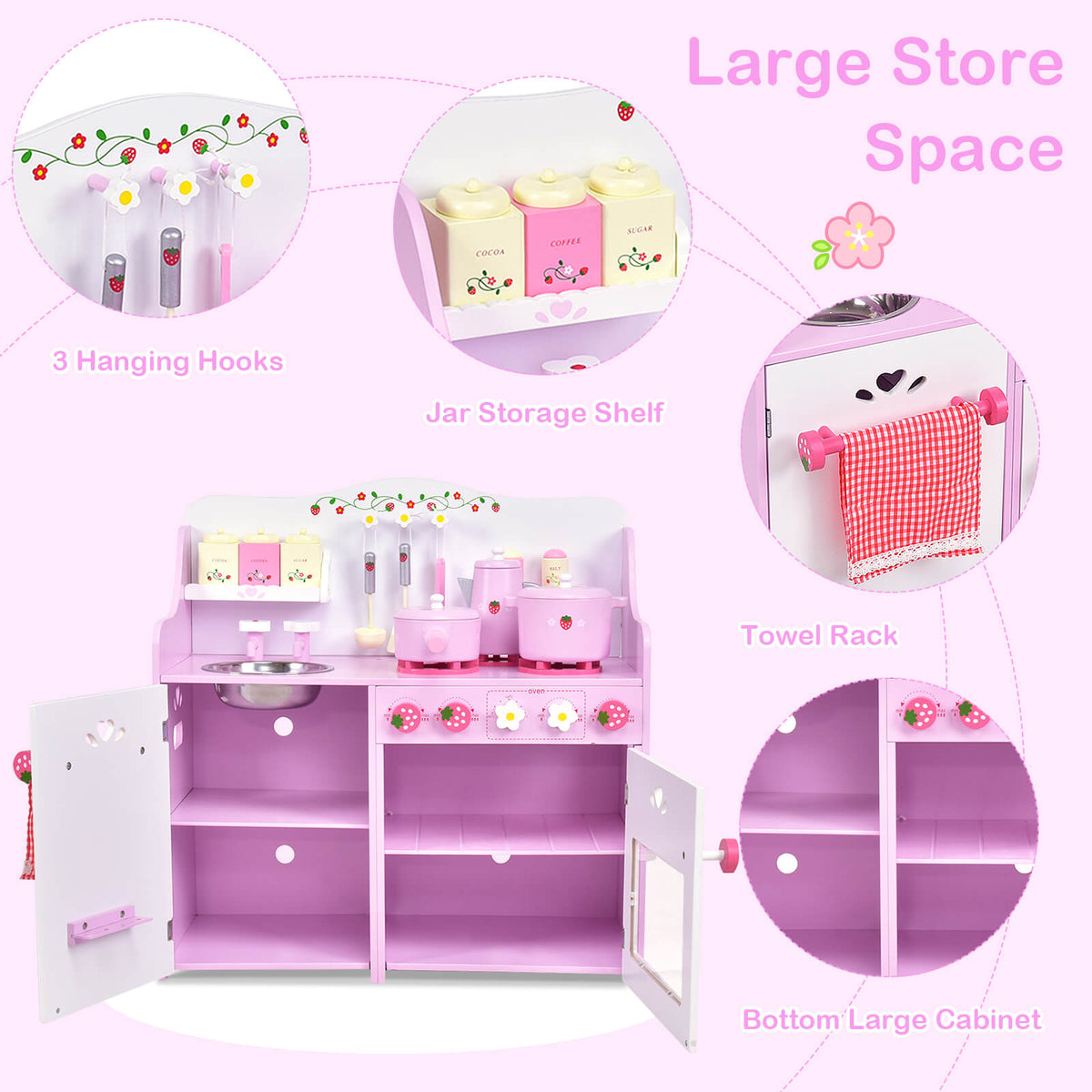 The play kitchen set with doors open to reveal the storage shelves and hanging hooks inside