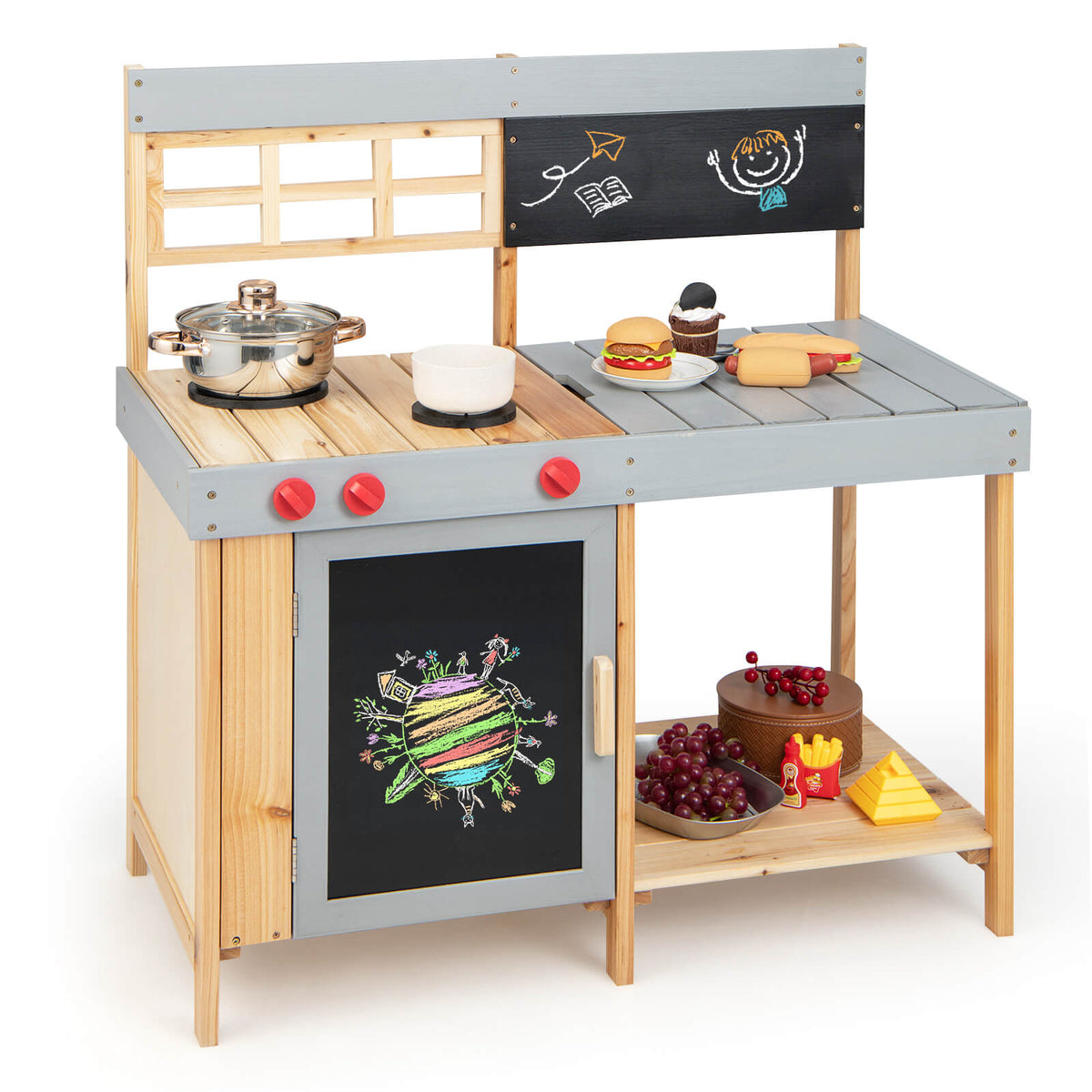 Kids Wooden Mud Kitchen Set with Chalkboard, a wooden play kitchen with a hob, oven door, and chalkboard