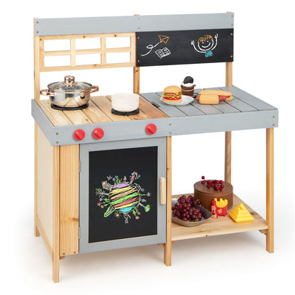 Kids Wooden Mud Kitchen Set with Chalkboard, a wooden play kitchen with a hob, oven door, and chalkboard