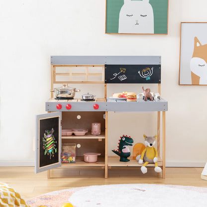 The wooden mud kitchen set with the oven door open, showing shelves inside