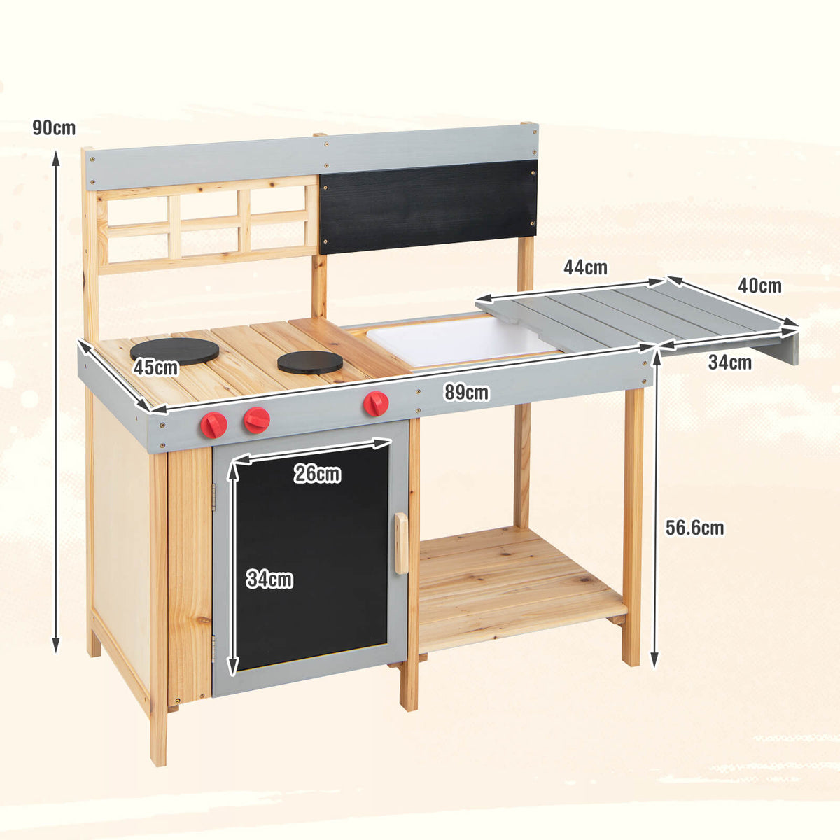 A wooden mud kitchen set with dimensions shown, including height and width