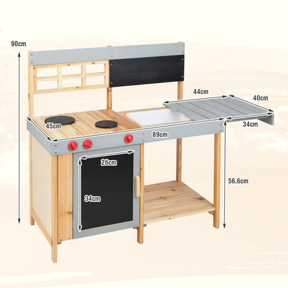 A wooden mud kitchen set with dimensions shown, including height and width
