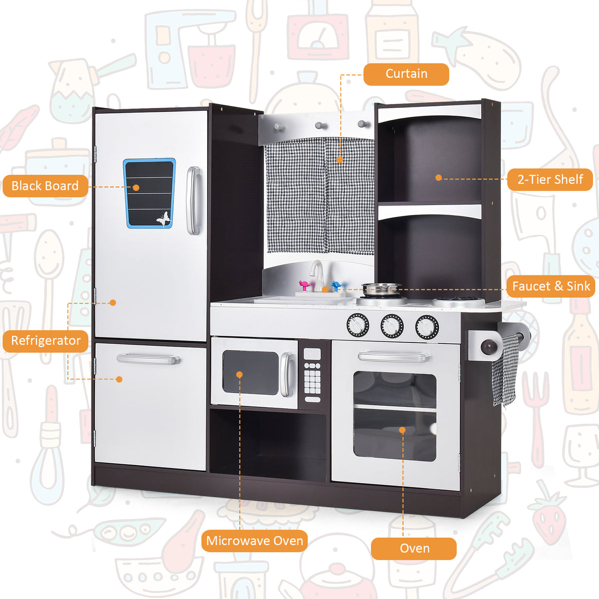 The play kitchen set with labels pointing to the blackboard, refrigerator, and oven features