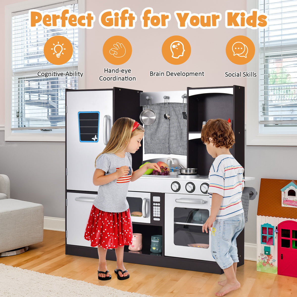 The play kitchen set being used by two children in a bright living room with educational icons