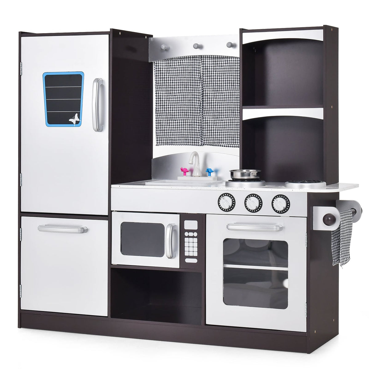 Kids Wooden Play Kitchen Set with a refrigerator, blackboard, sink, and oven in a studio setting