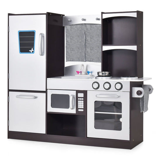 Kids Wooden Play Kitchen Set with a refrigerator, blackboard, sink, and oven in a studio setting