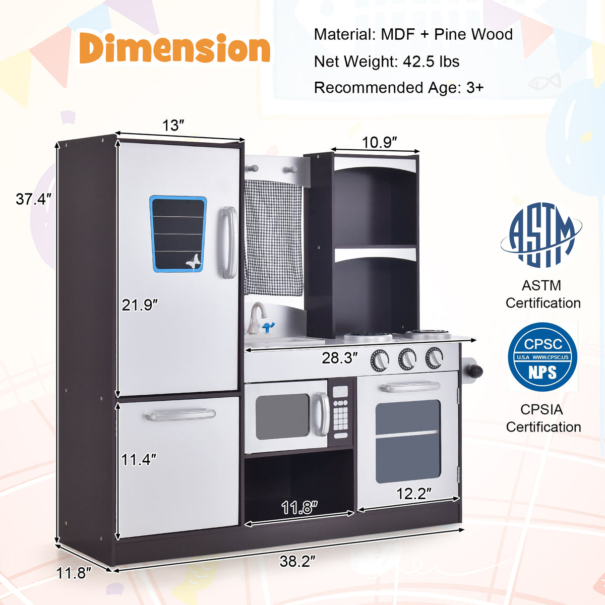 The play kitchen set with arrows and measurements showing the dimensions of the unit