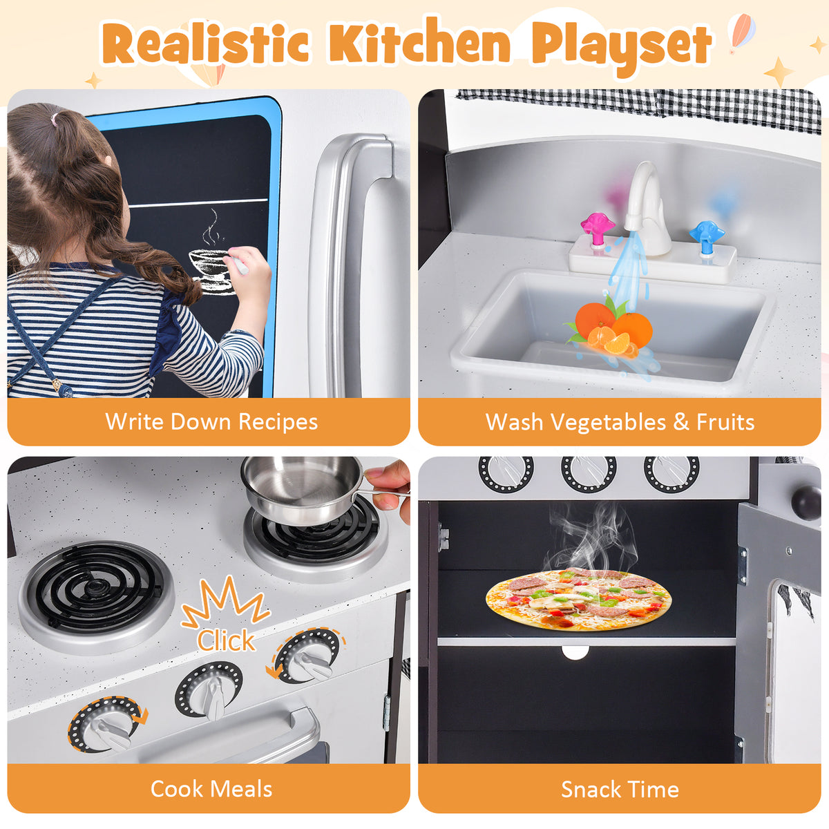 The play kitchen set shown in four panels demonstrating the sink, stove, and blackboard usage