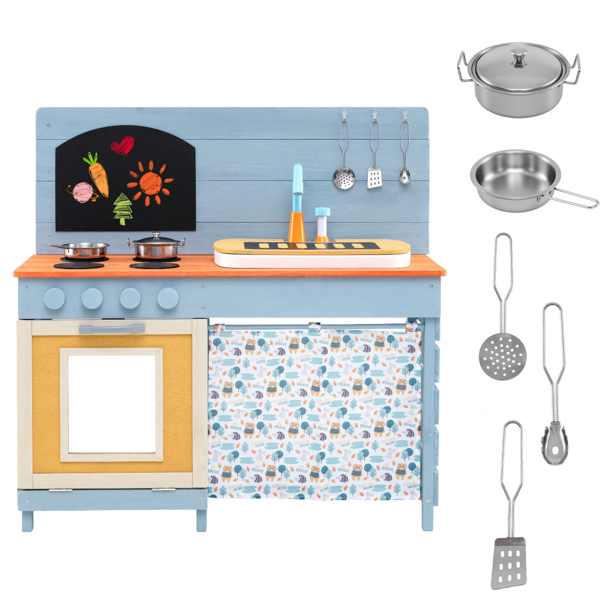Kids Wooden Play Kitchen Set with stoves, sink and faucet in blue