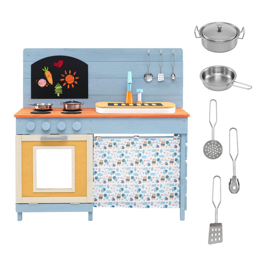 Kids Wooden Play Kitchen Set with stoves, sink and faucet in blue