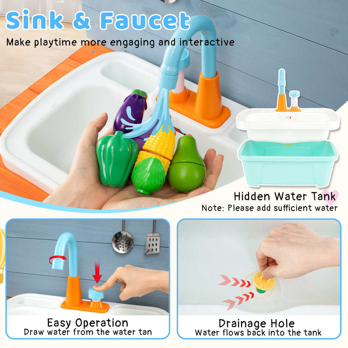 Close up of the sink and faucet area of the play kitchen set