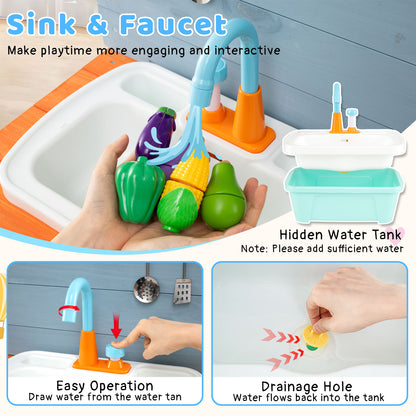 Close up of the sink and faucet area of the play kitchen set