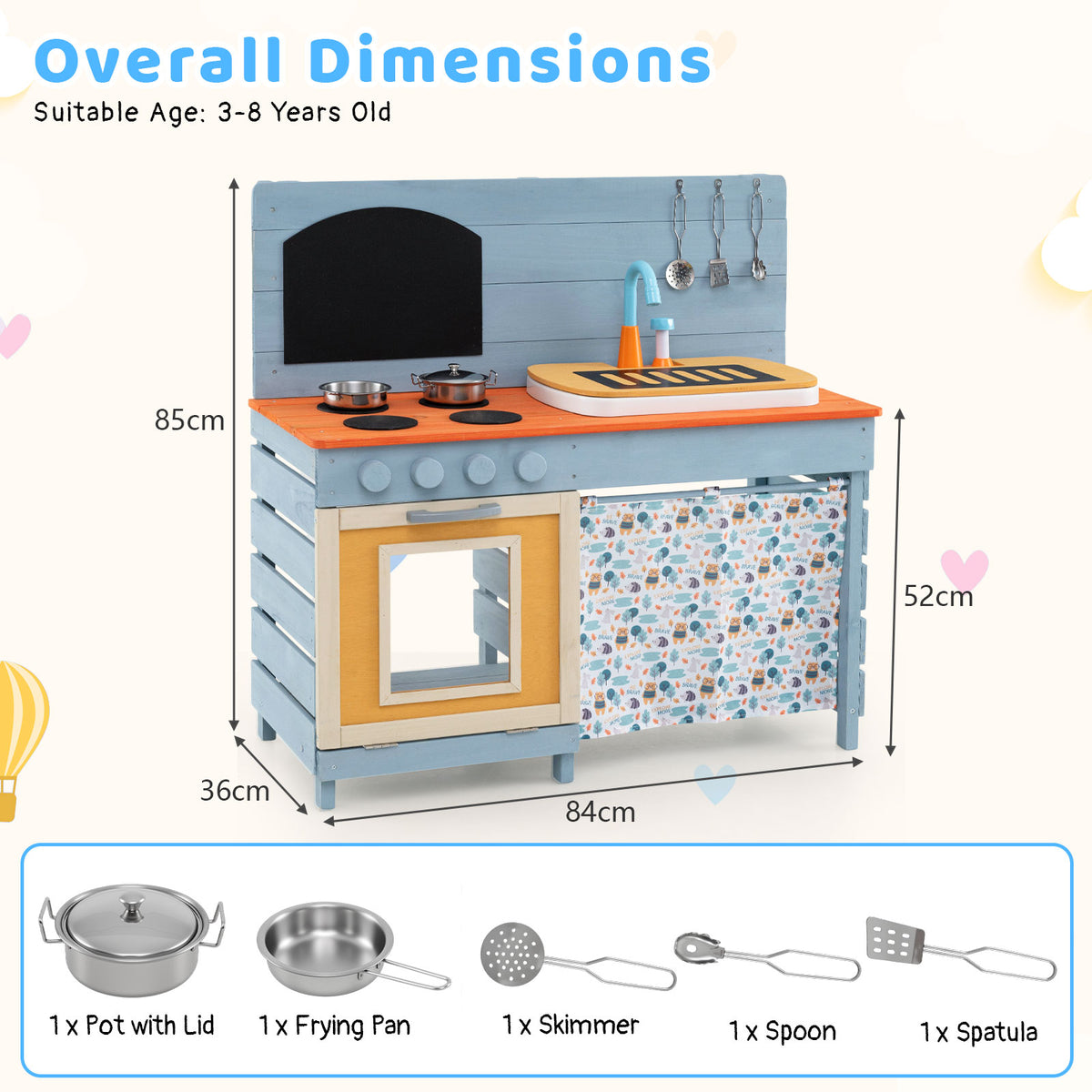 A diagram showing the dimensions of the blue play kitchen set
