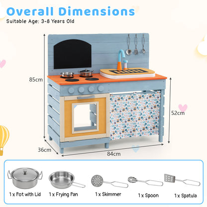 A diagram showing the dimensions of the blue play kitchen set