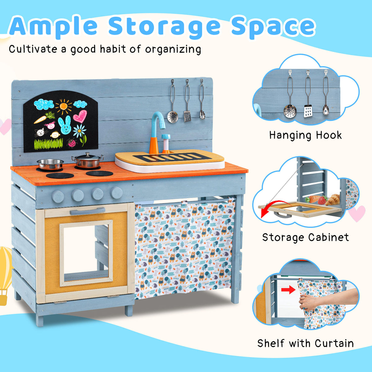 Storage areas and hanging hooks on the play kitchen set