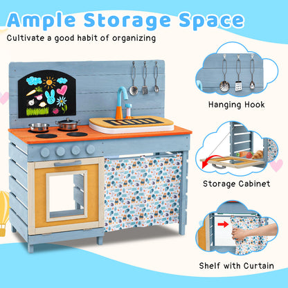 Storage areas and hanging hooks on the play kitchen set