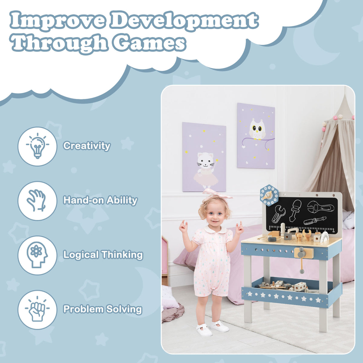A child stands next to the blue wooden workbench, illustrating developmental benefits