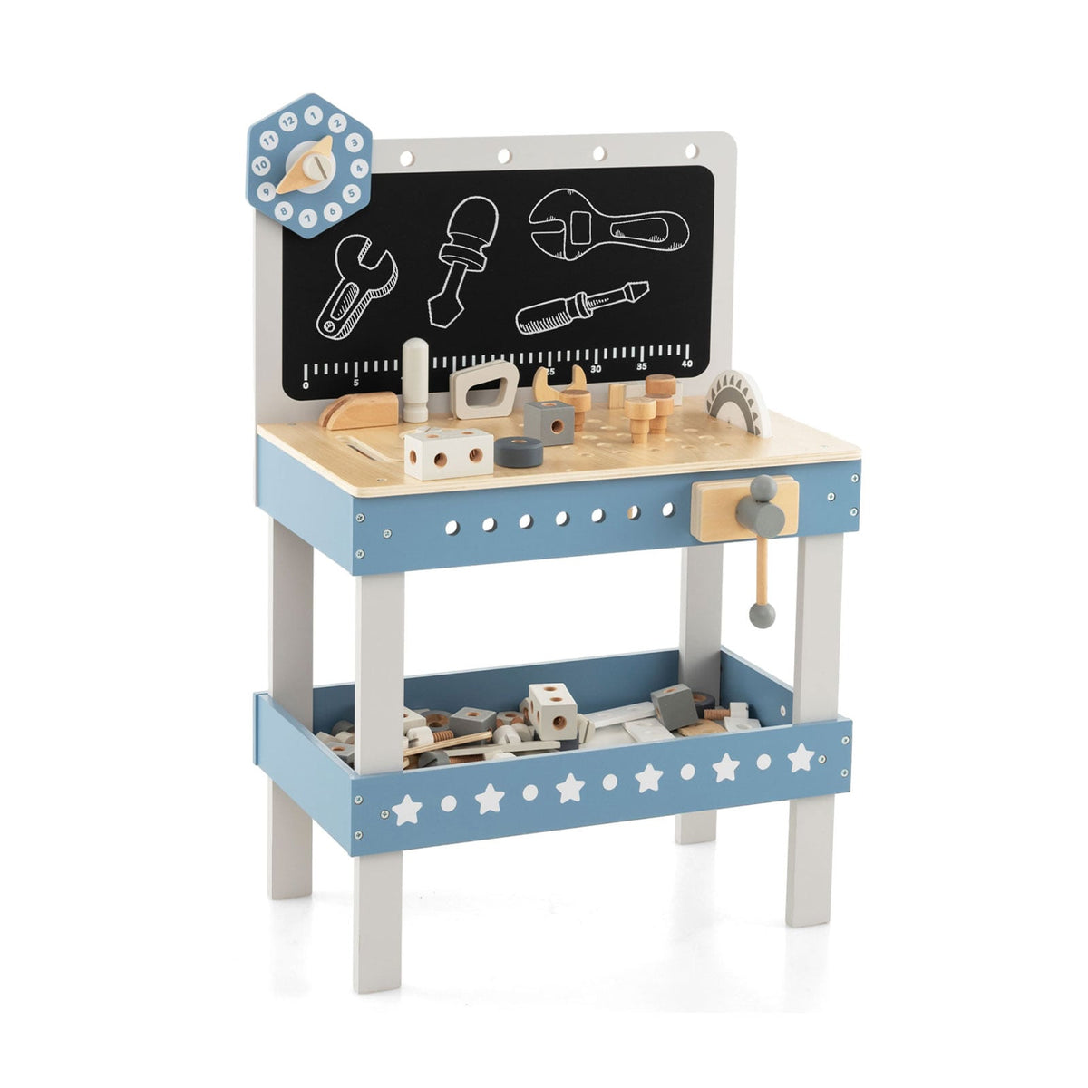 Kids Wooden Play Workbench with blackboard and tool parts set in blue