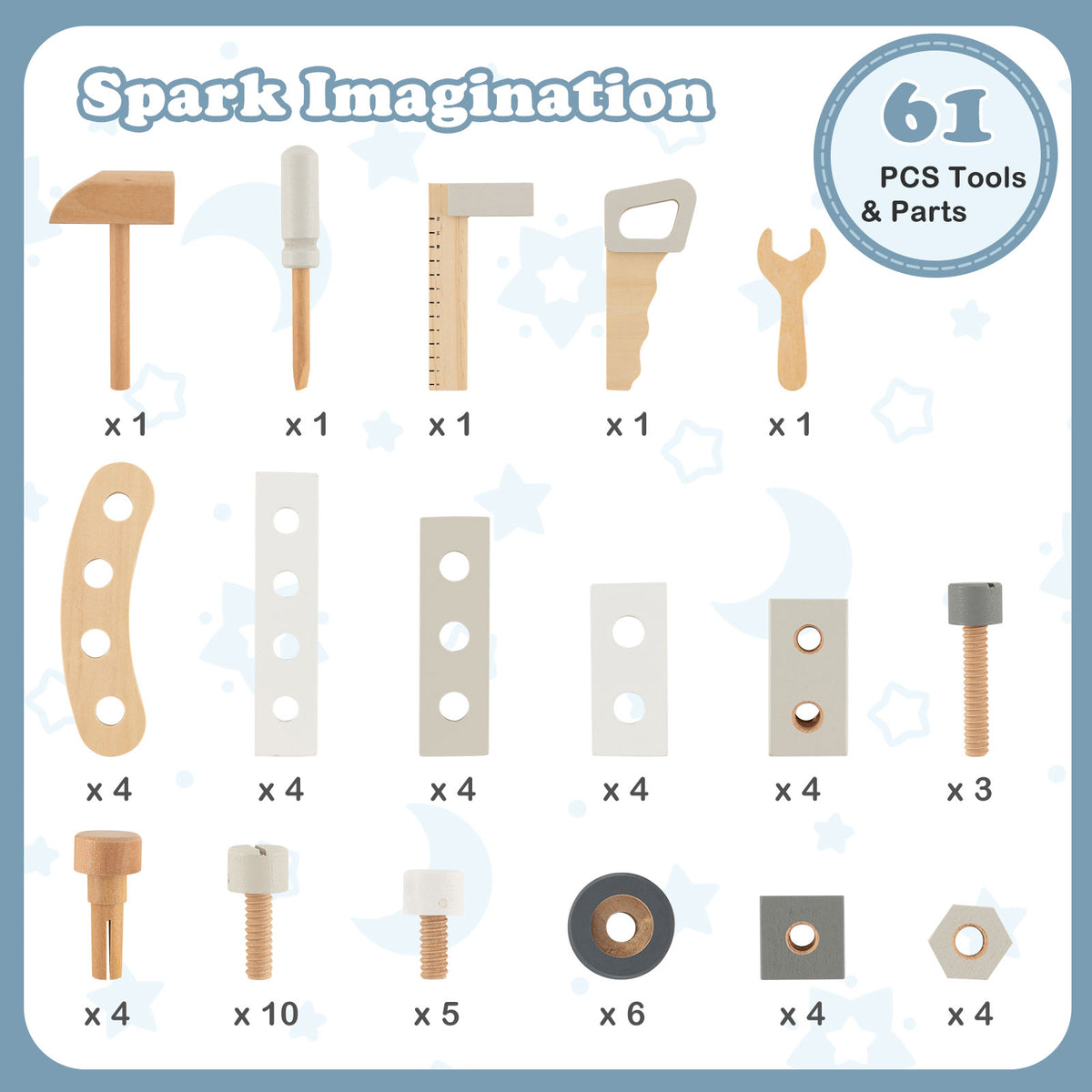 All the tool parts and construction pieces for the blue wooden workbench are laid out