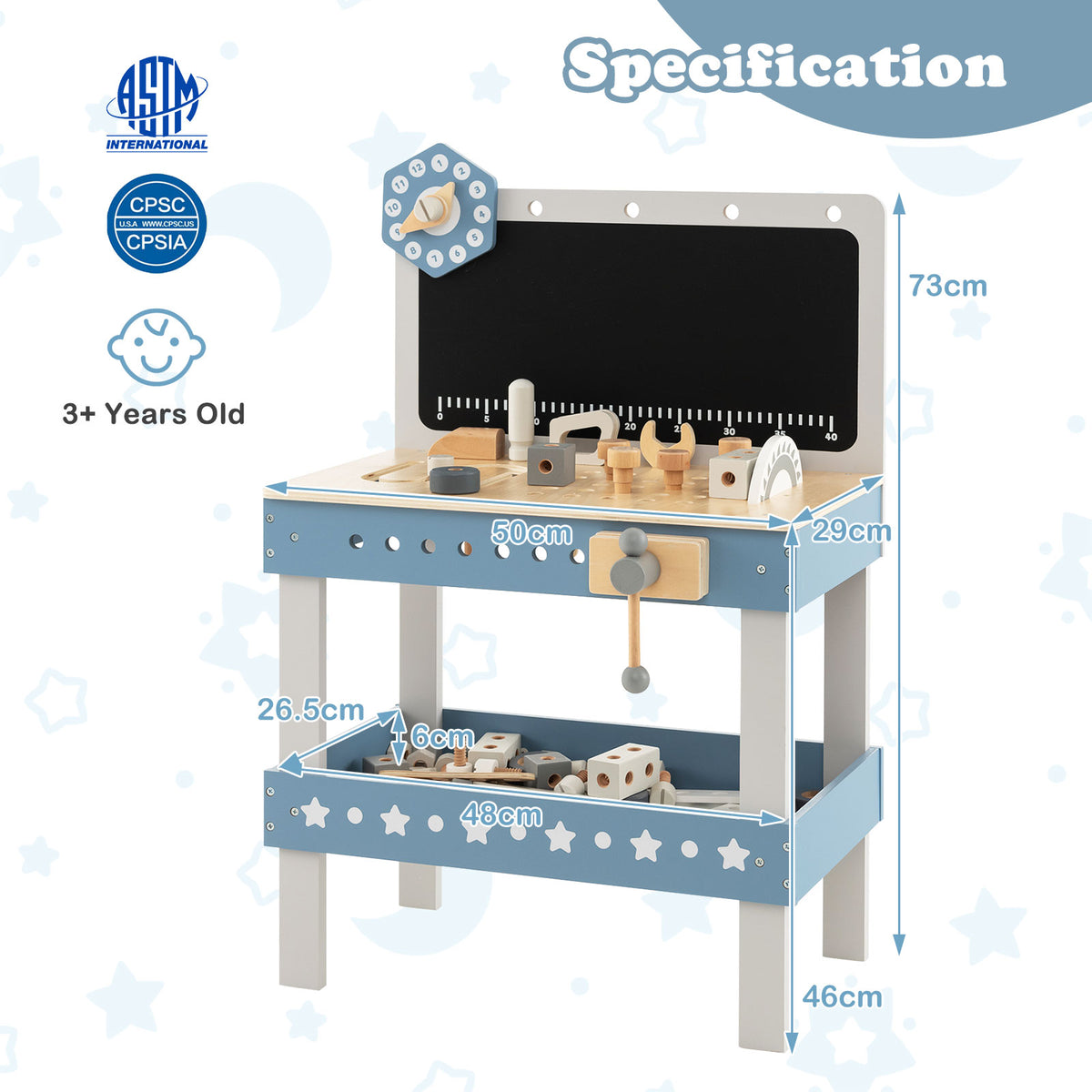 The blue wooden workbench has dimensions shown for height, width and depth
