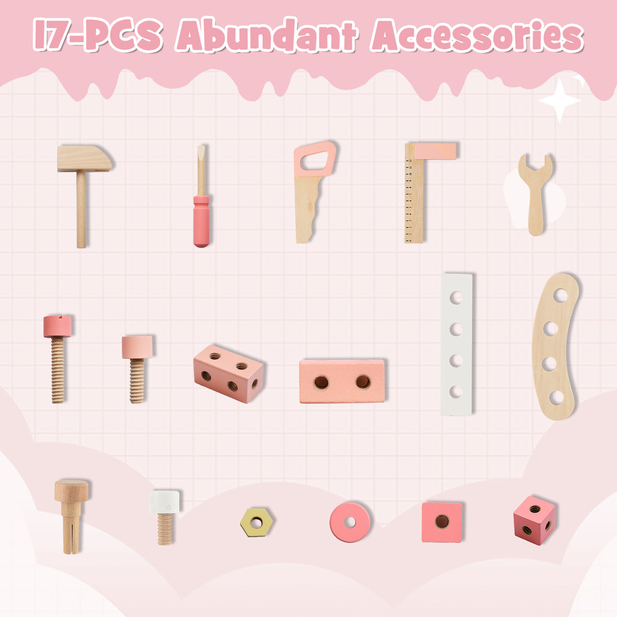 Seventeen accessory parts for the pink wooden play workbench laid out