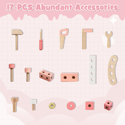 Seventeen accessory parts for the pink wooden play workbench laid out