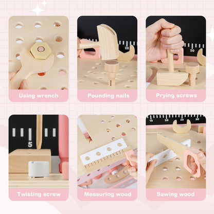 Close up views of hands using the pink wooden play workbench accessories
