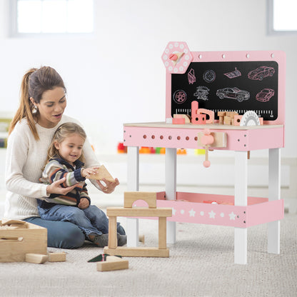 A mother and child playing with the pink wooden workbench and wooden blocks