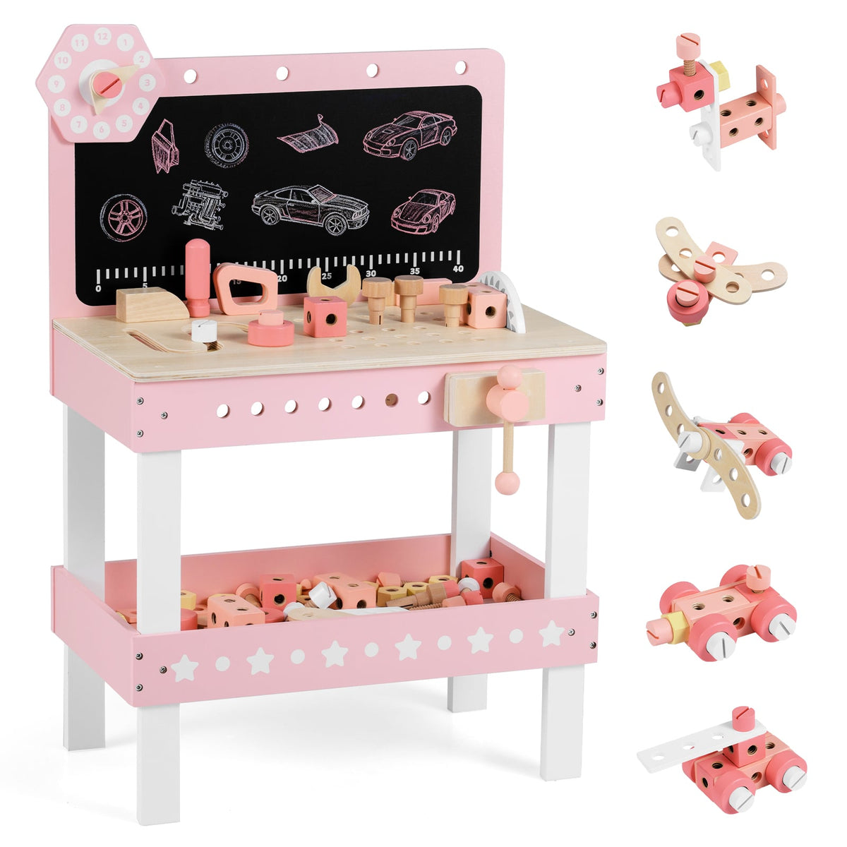 Kids Wooden Play Workbench with blackboard and tool parts set in pink