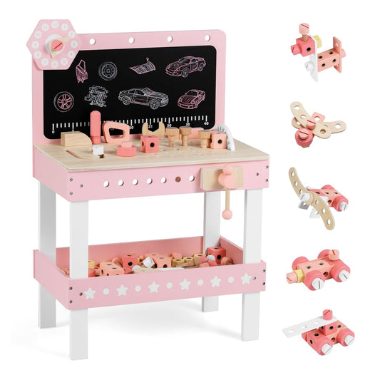 Kids Wooden Play Workbench with blackboard and tool parts set in pink
