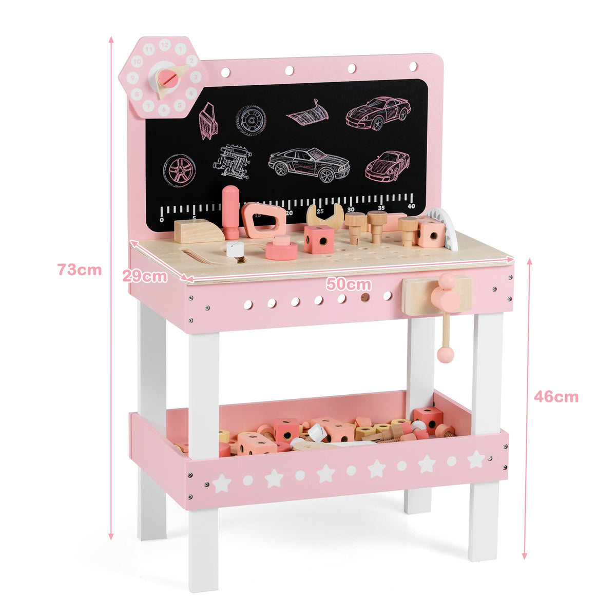 The pink wooden play workbench with dimensions shown