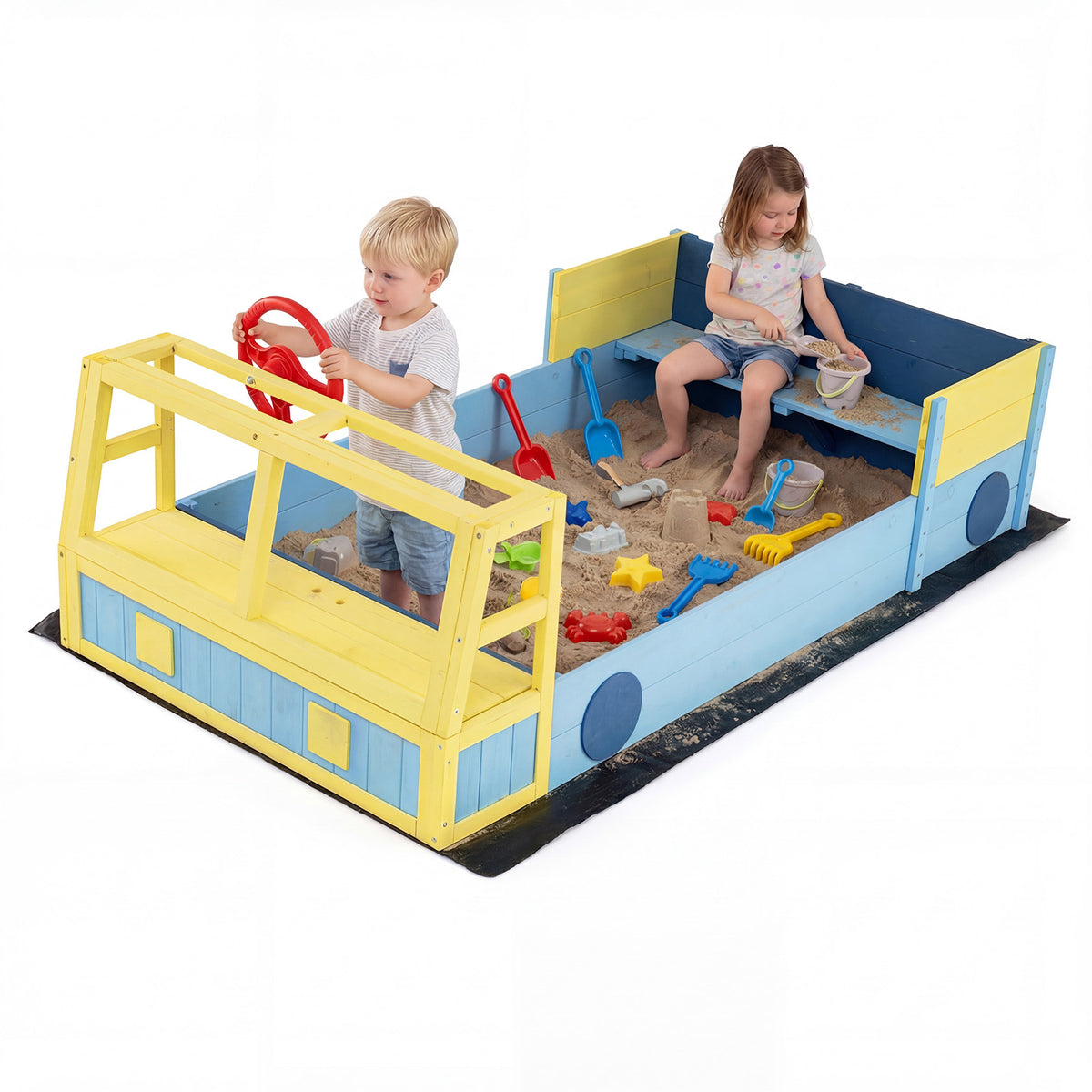 Kids Wooden Sandbox Large Car-Theme Sand Box with a red steering wheel and children playing inside