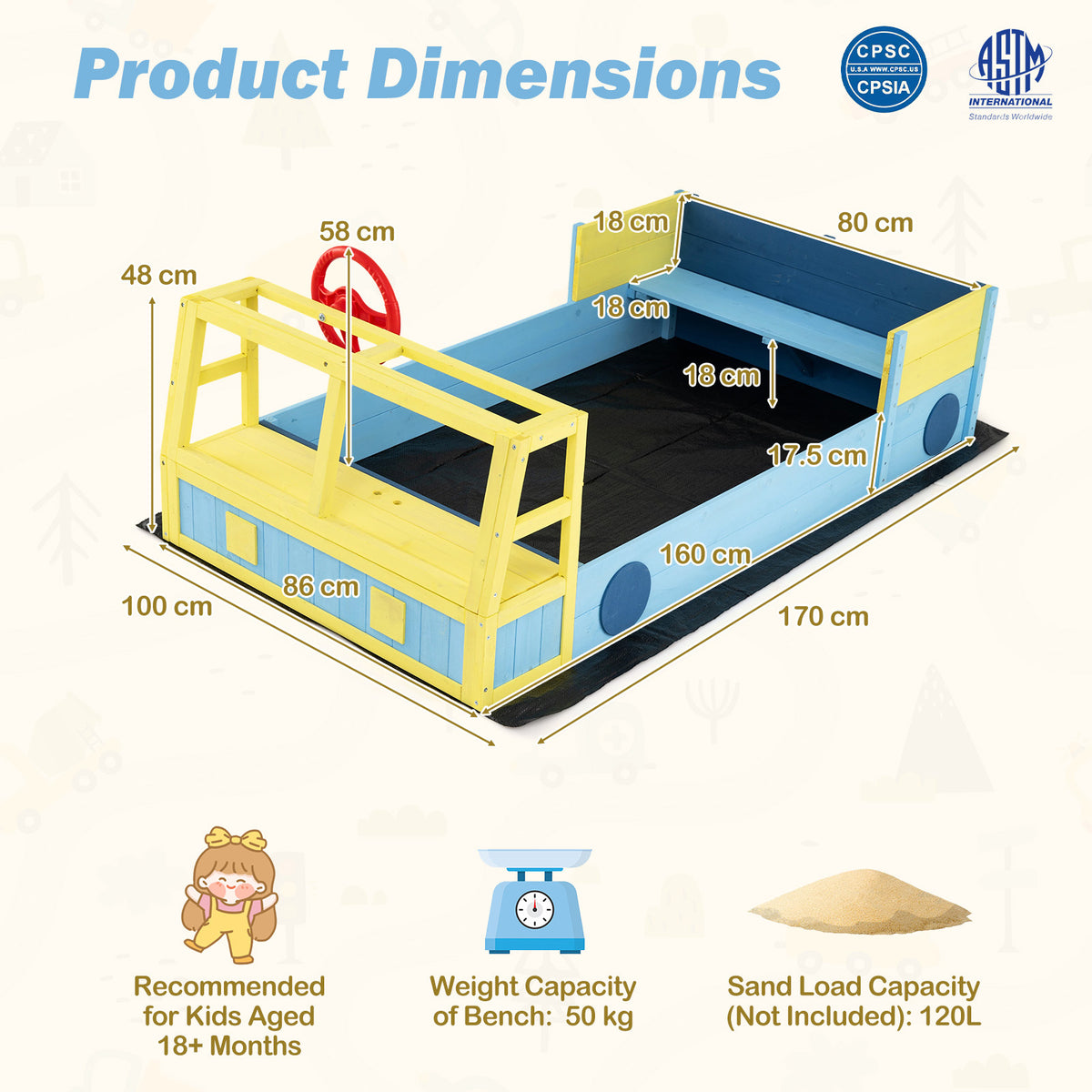 The car sand box with detailed dimension lines and labels showing the product size