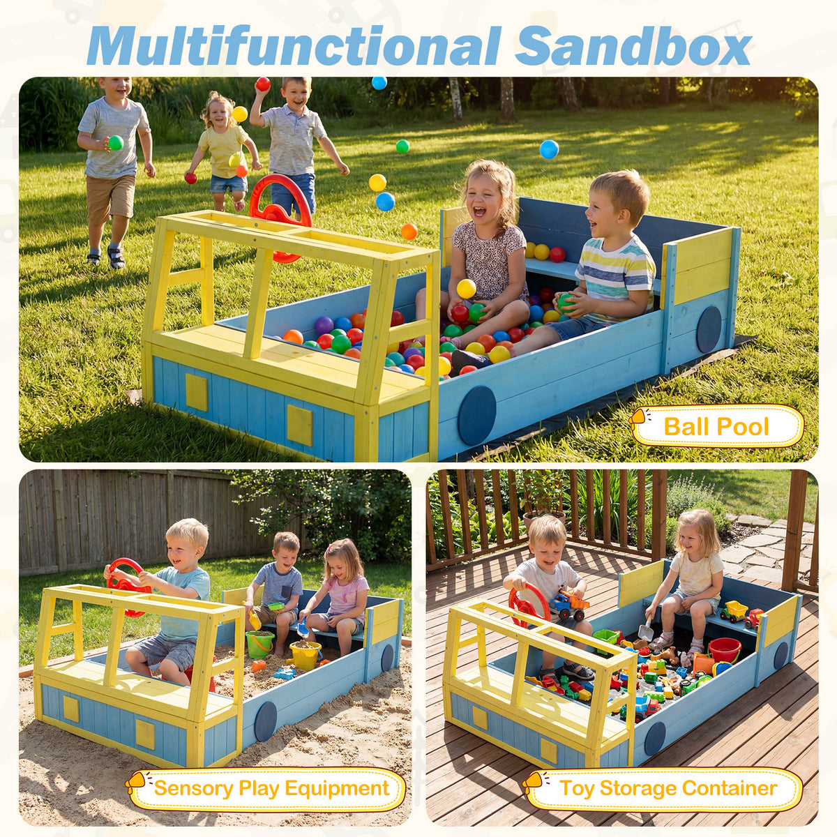 The car sand box shown in three different play scenarios including as a ball pool