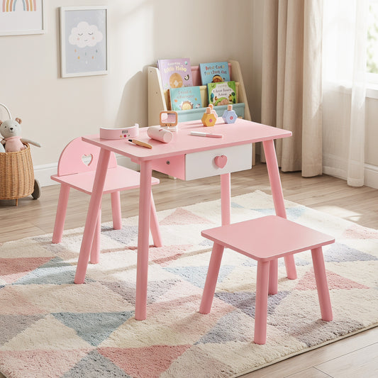 The pink wooden toddlers makeup and manicure table with a heart-shaped chair and a stool