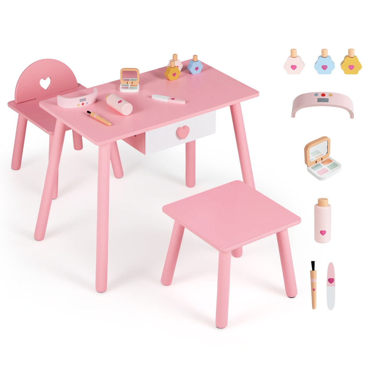 Kids Wooden Toddlers Makeup and Manicure Kit with table, chair, stool and various toy accessories