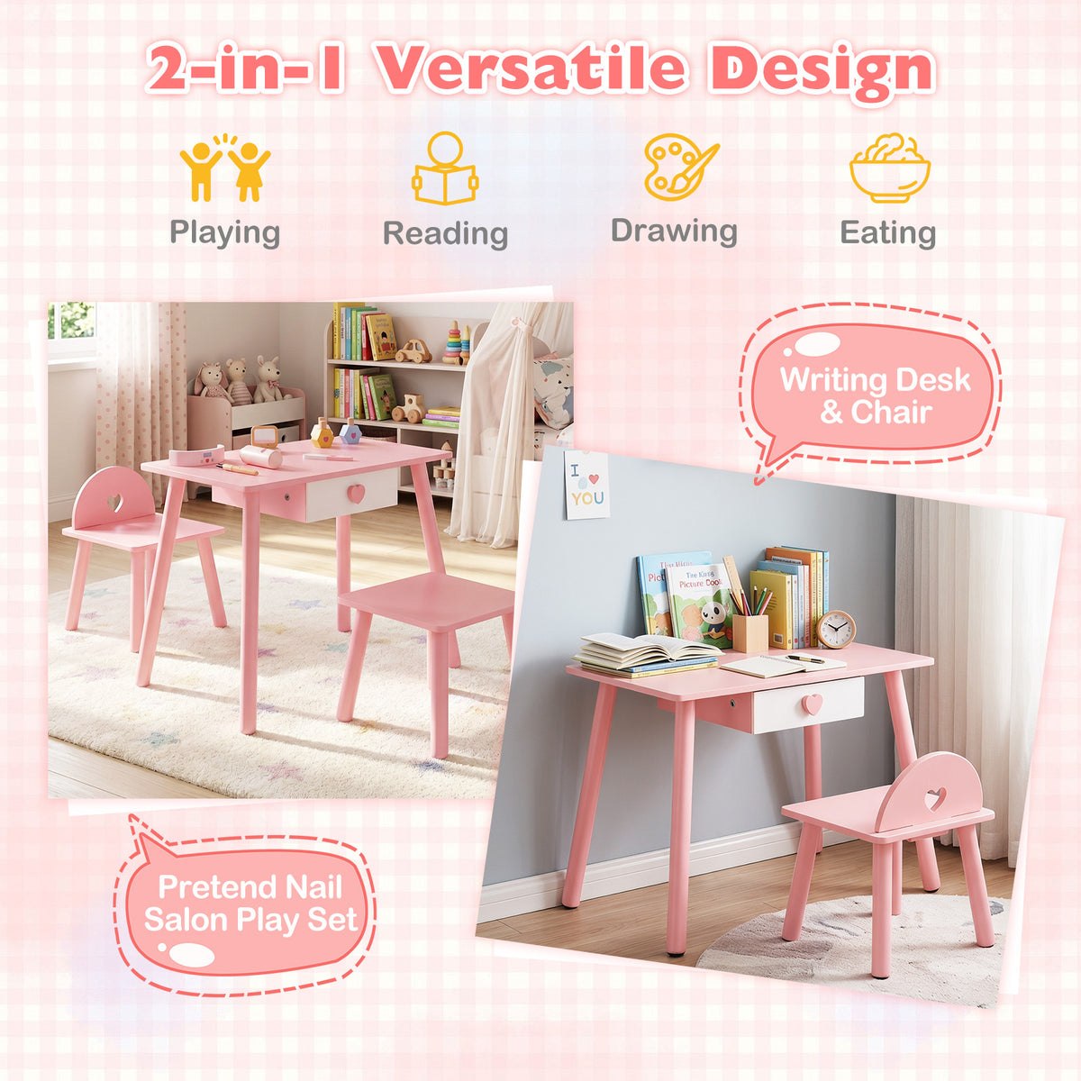 Pink wooden toddlers makeup and manicure table and chair set shown in a room setting