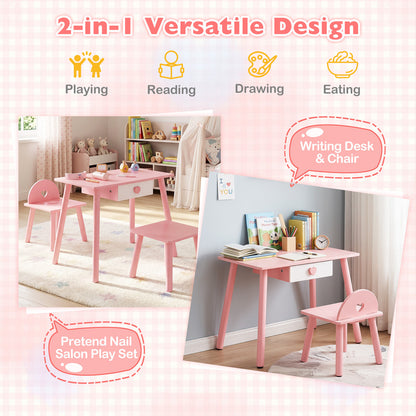 Pink wooden toddlers makeup and manicure table and chair set shown in a room setting