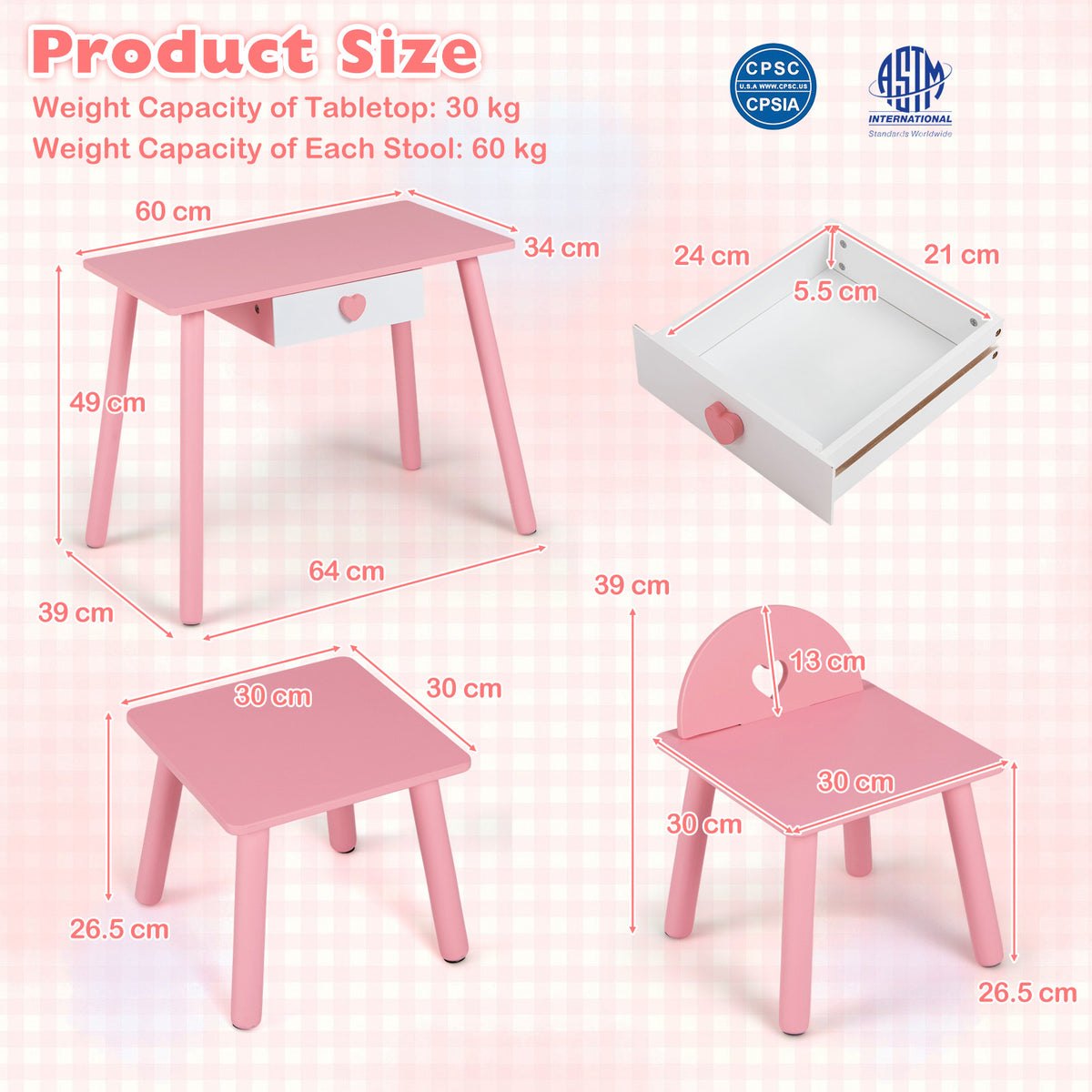 The kids vanity set showing dimensions for the table, chair, stool and storage drawer