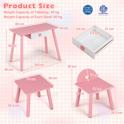 The kids vanity set showing dimensions for the table, chair, stool and storage drawer