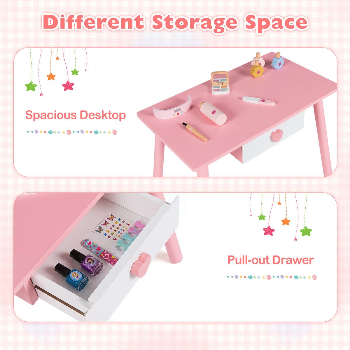 Close up of the pink wooden toddlers makeup and manicure table showing the pull-out drawer and desktop accessories