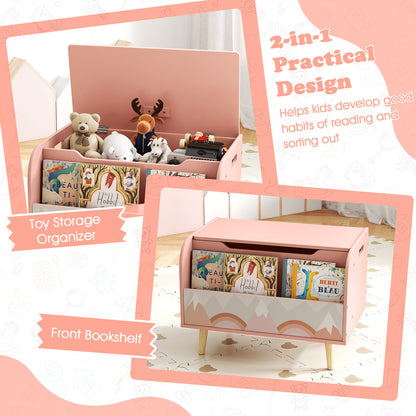Pink toy storage unit with front bookshelf and toy organiser sections