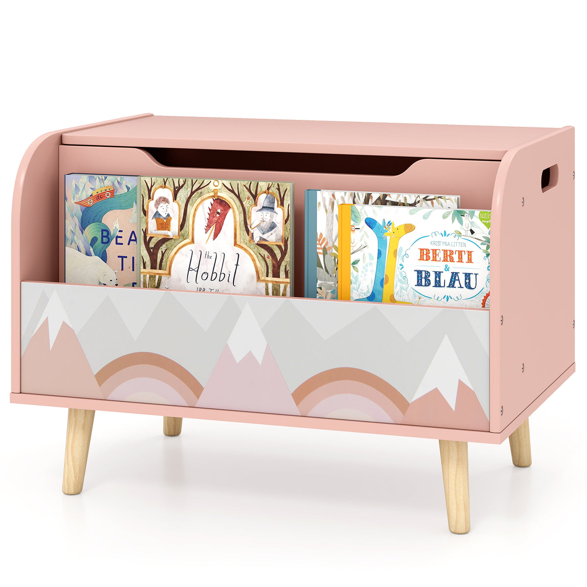 Kids toy storage unit with front bookshelf and four wooden legs, pink